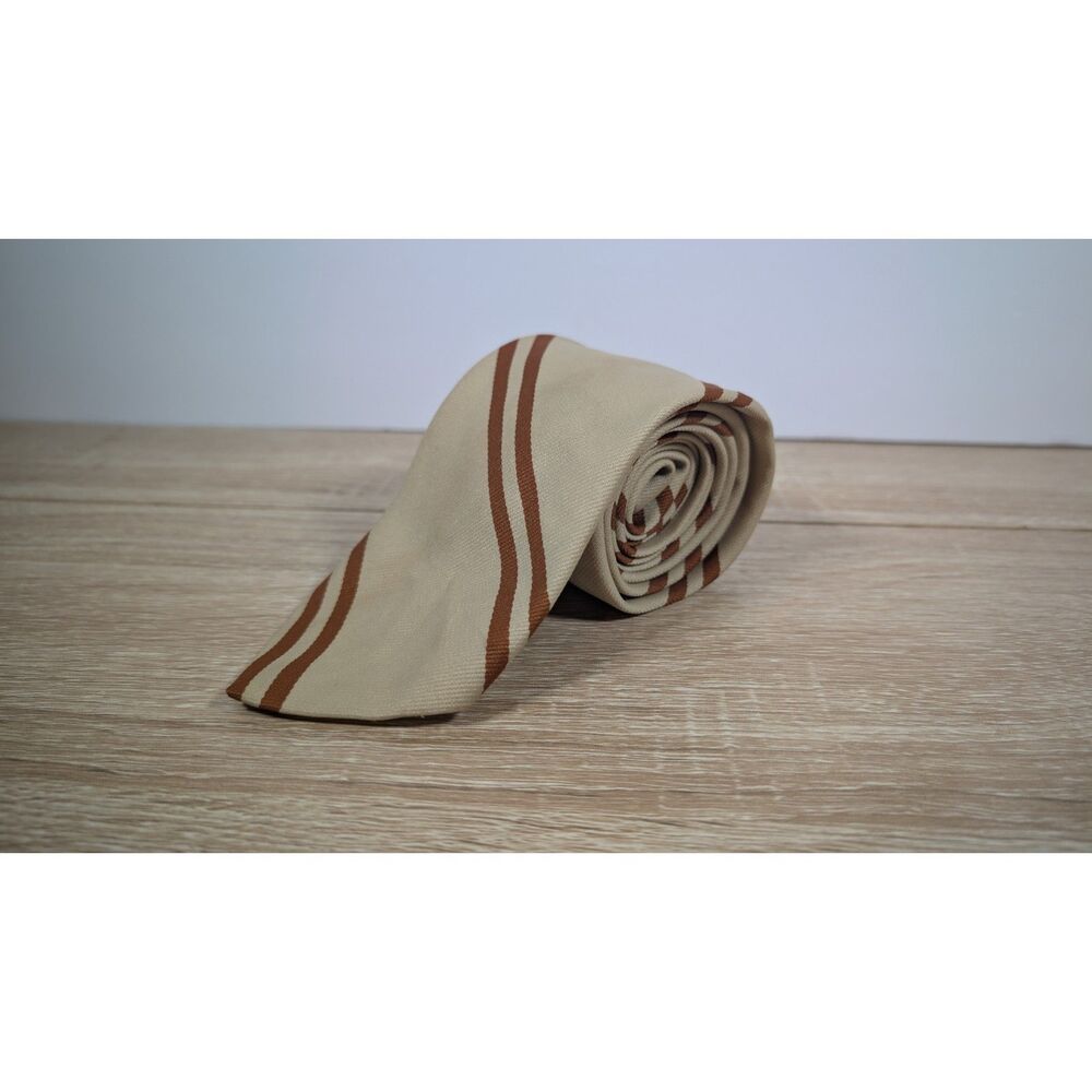Vintage 1970s Hansom Wide Necktie Beige Brown Striped Dacron Polyester Retro Tie
